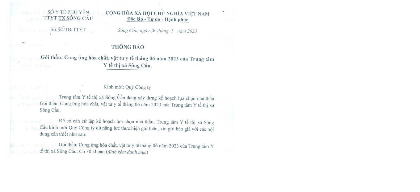 Thông báo cung ứng hoá chất, vật tư y tế tháng 6 năm 2023 của TTYT thị xã Sông Cầu
